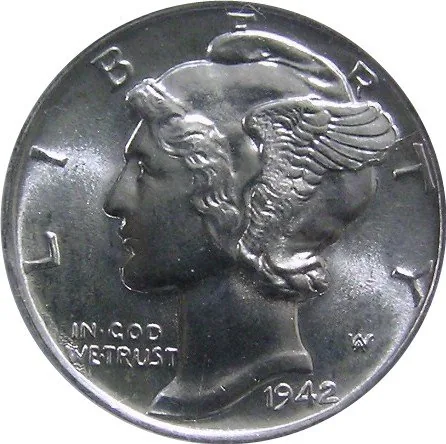 1942 sobre 1 Mercury Dime Auténtico