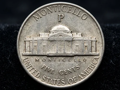 War Nickel de Plata mostrando la marca de ceca P sobre Monticello