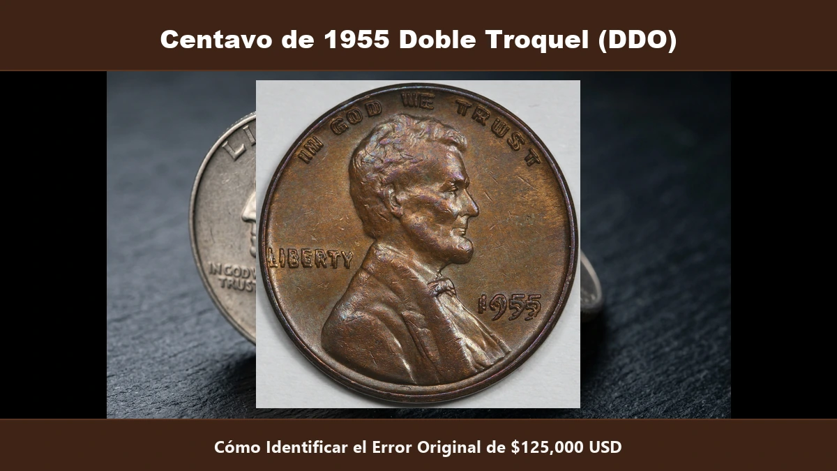 Centavo de 1955 doble troquel DDO letras duplicadas error original valor 125000 dolares