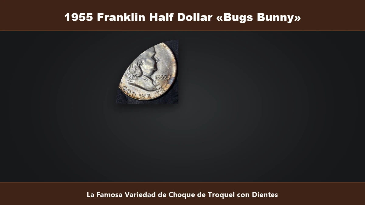 1955 Franklin Half Dollar Bugs Bunny variedad de choque de troquel con dientes FS-401