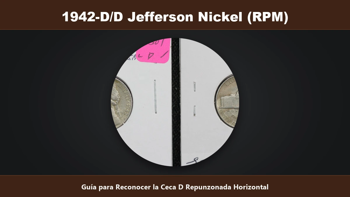 1942-D sobre D Jefferson Nickel ceca D repunzonada horizontal RPM valor