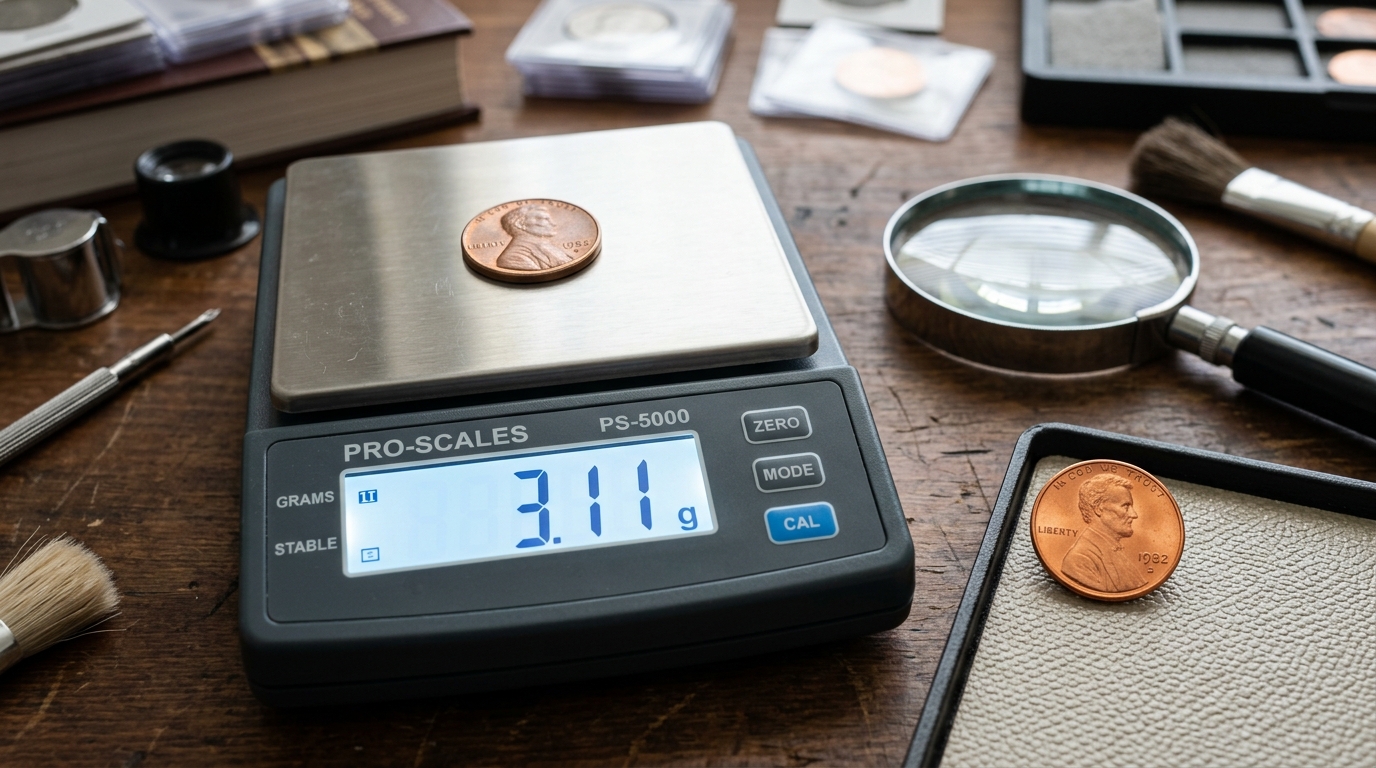 Balanza de precisión pesando centavo de 1982 a 3.11 gramos