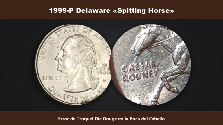 1999-P Delaware caballo escupidor spitting horse error die gouge de rotura de troquel