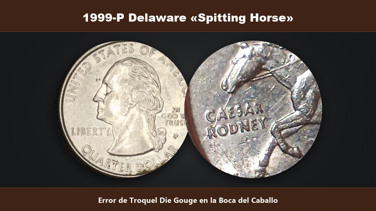 1999-P Delaware caballo escupidor spitting horse error die gouge de rotura de troquel