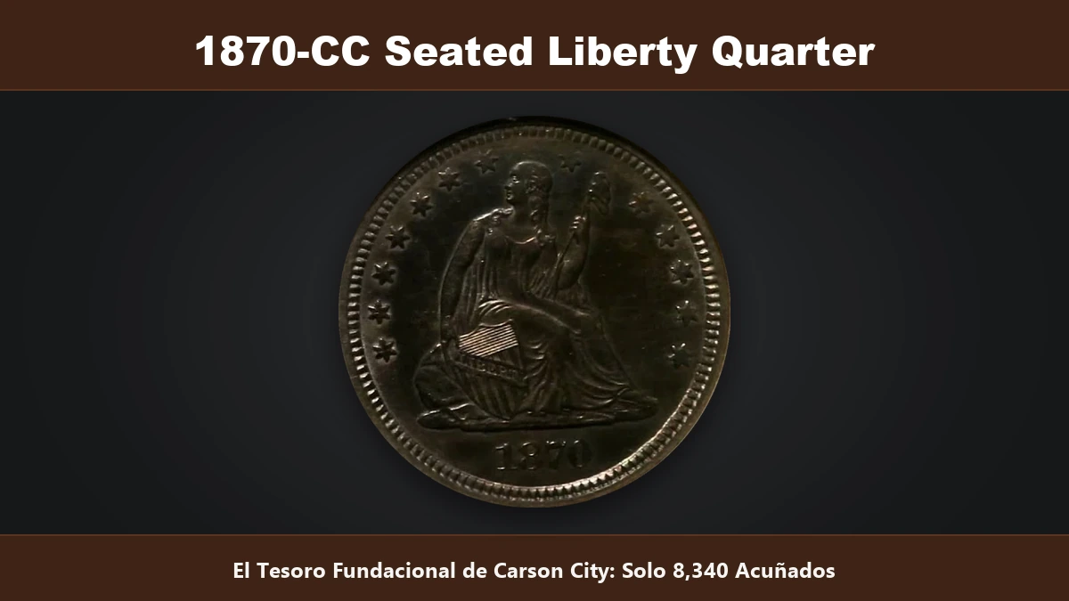 1870-CC Seated Liberty Quarter tesoro fundacional de Carson City solo 8340 acunados
