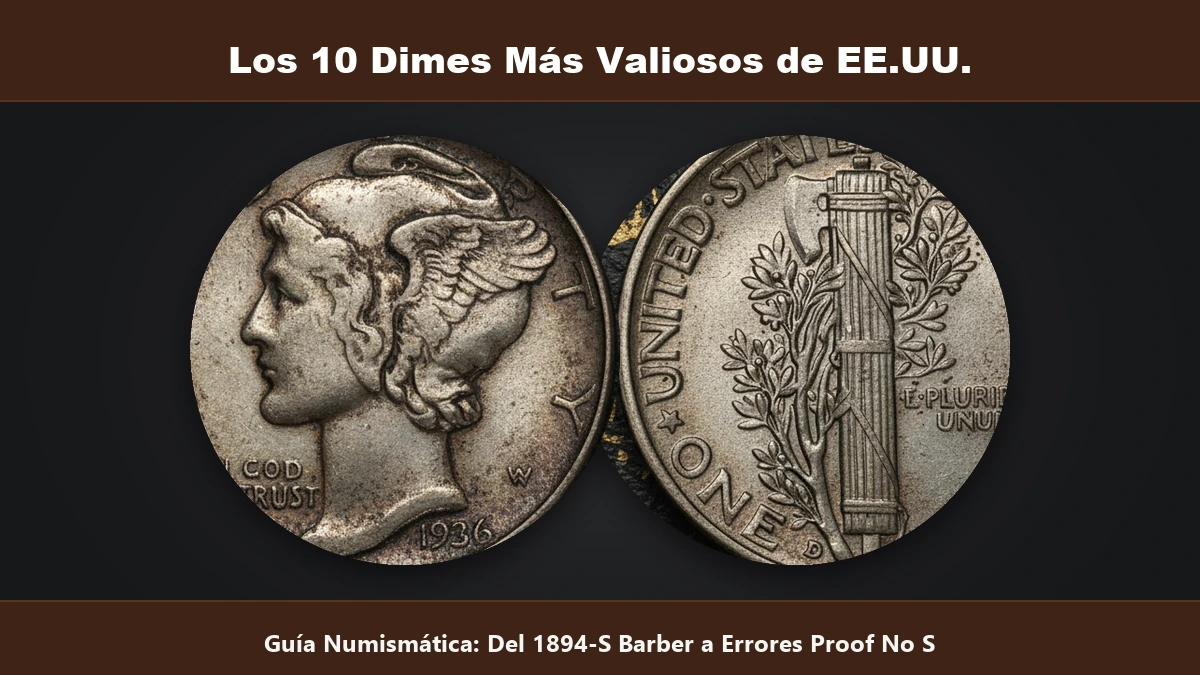 Los 10 dimes de diez centavos mas valiosos de EE.UU. Barber Mercury y Roosevelt No S